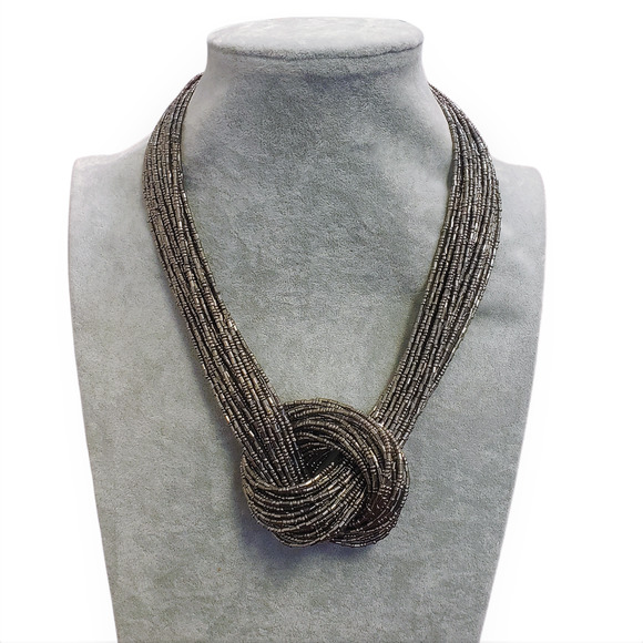 Handmade Shimmering Iridescent Platinum Silver Knotted Multi Strand Necklace - Picture 3 of 6